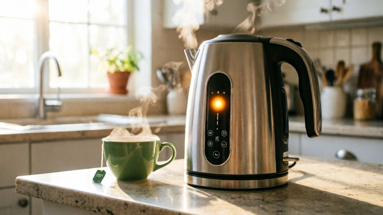 Variable-temperature electric kettle with digital display at 195°F