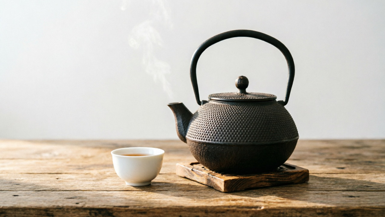 Traditional cast iron tetsubin kettle with enamel lining on a wooden trivet