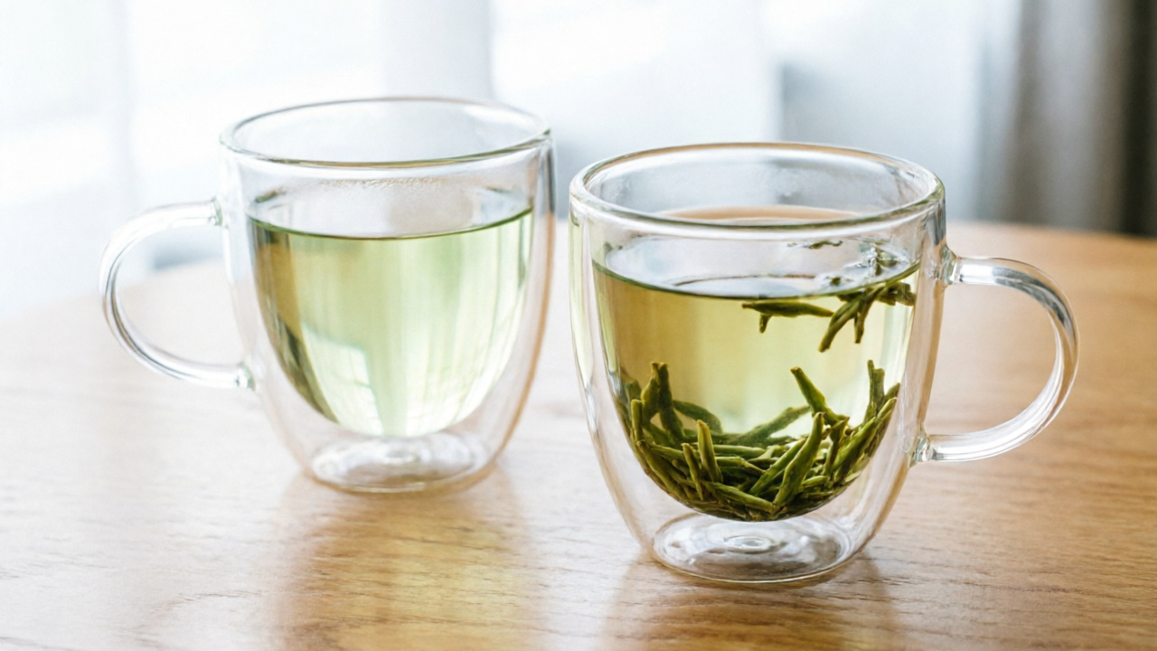Double-wall glass tea cups with pale jade green tea on a wooden table