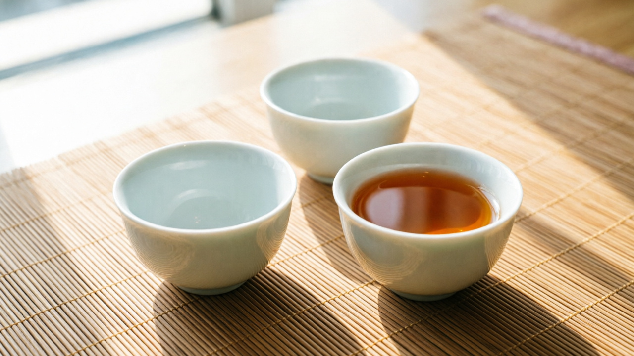 Gongfu tasting cups with pale interiors and amber oolong tea on a bamboo mat