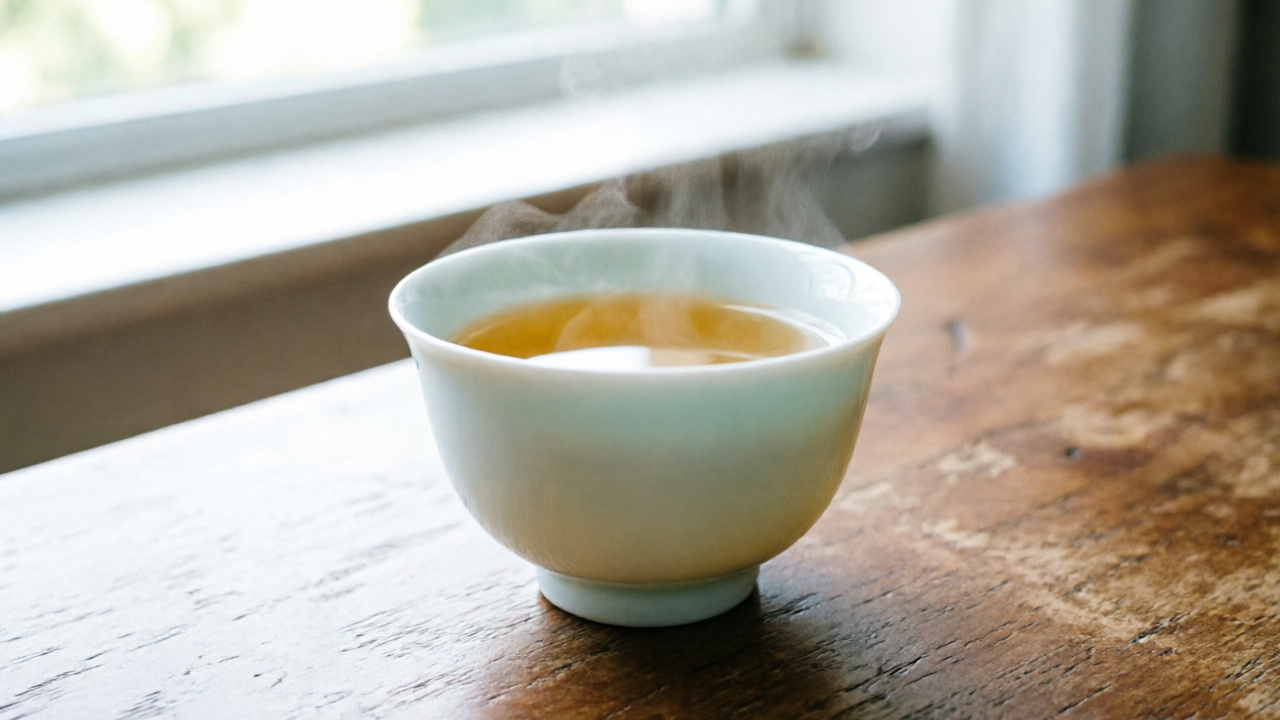 White porcelain tea cup with golden oolong tea on a wooden table