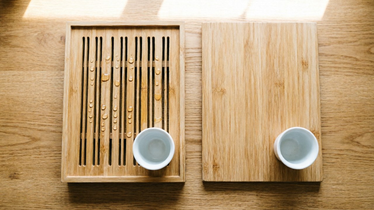 Bamboo tea tray with built-in water reservoir showing drainage slats
