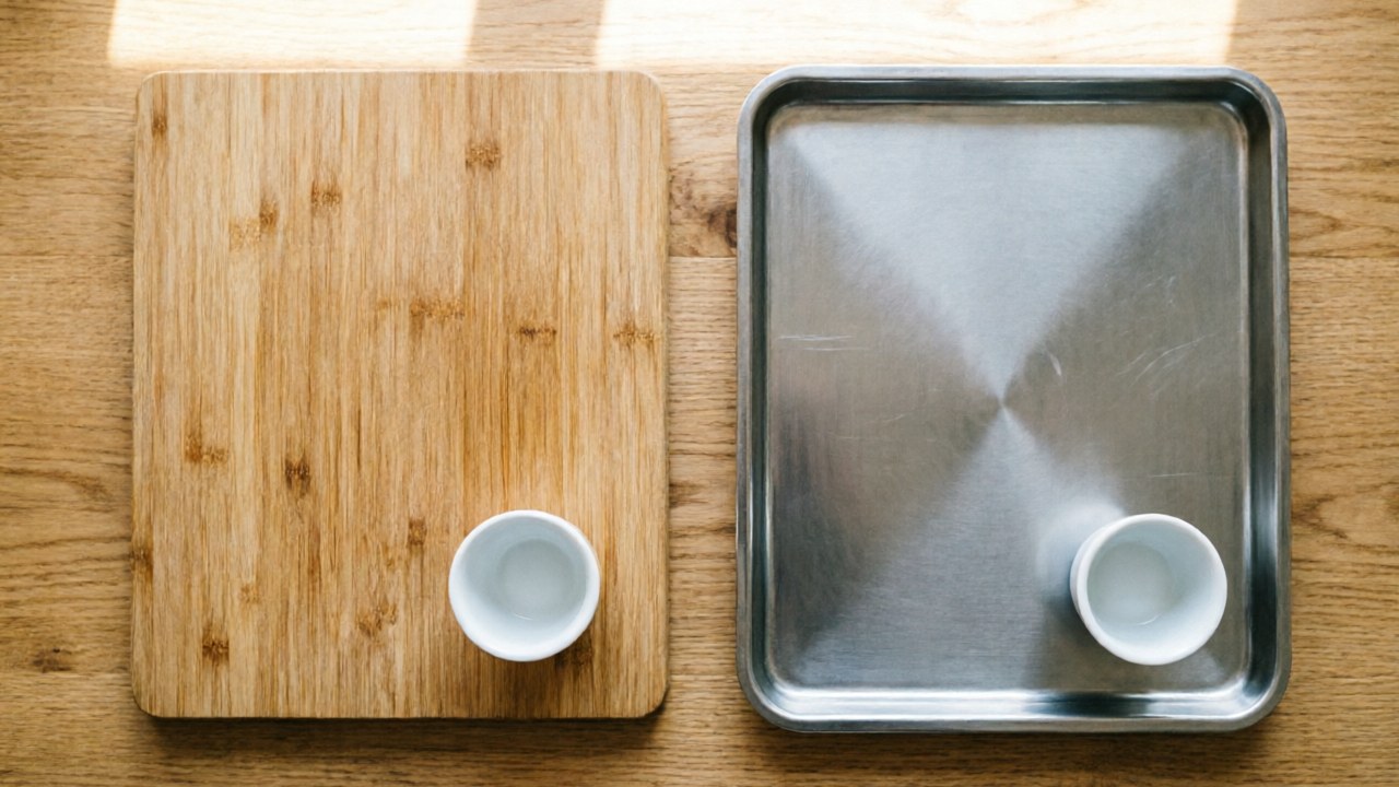 Bamboo tea tray next to a stainless steel tray showing material texture contrast