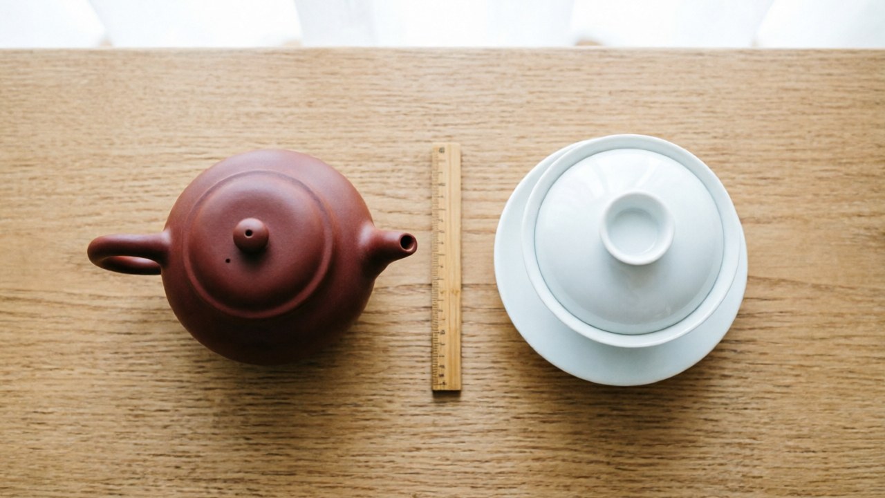 Side-by-side comparison of a Yixing clay teapot and a white porcelain gaiwan