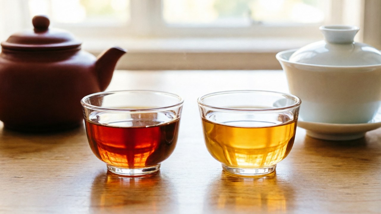 The same tea brewed in a Yixing teapot and a gaiwan showing color differences