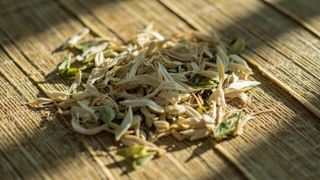 Bai Mu Dan tea leaves showing mixed buds and open leaves.