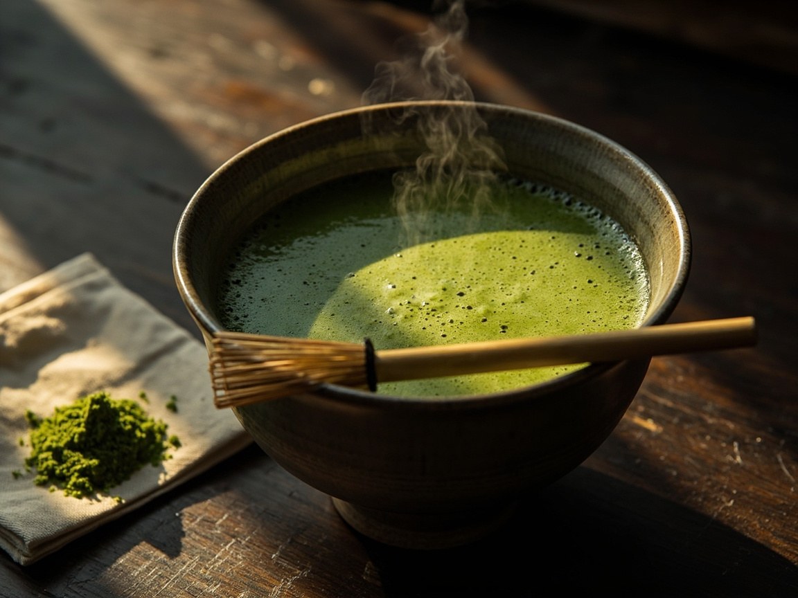 A bowl of freshly whisked usucha matcha with a fine microfoam on the surface.