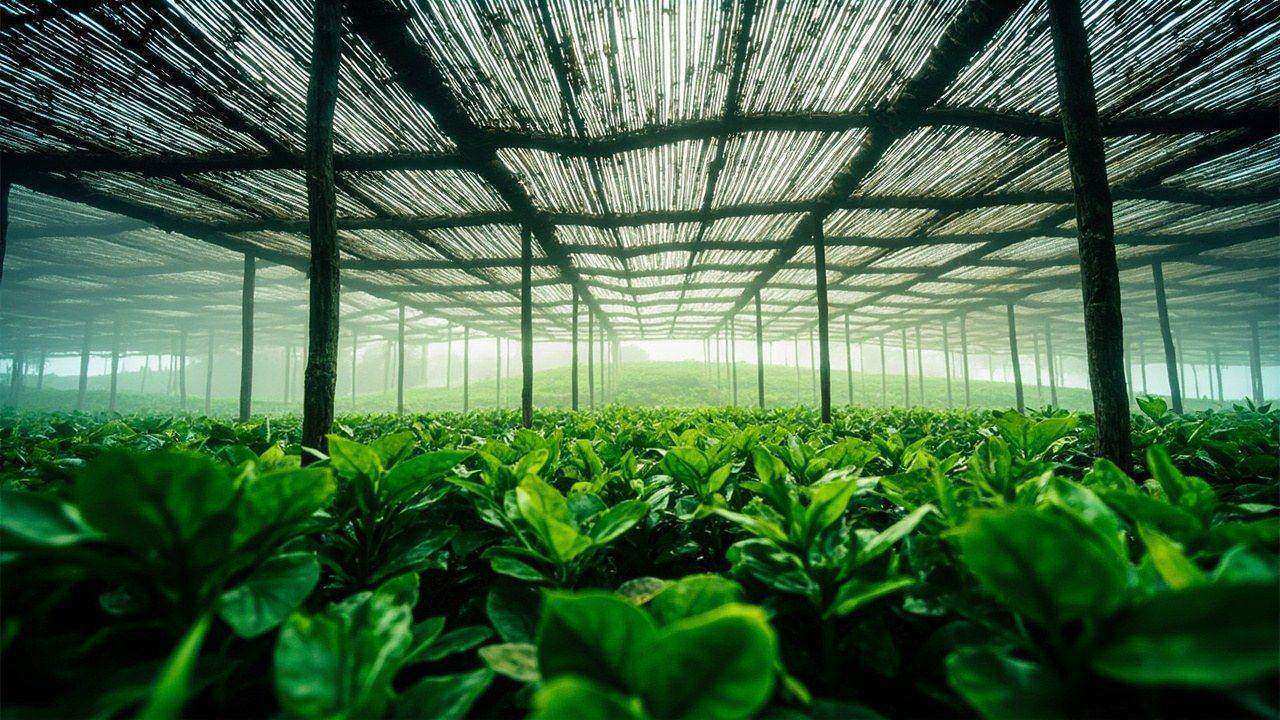 A shaded tea field, sign of Tana cultivation practices used for ceremonial matcha.
