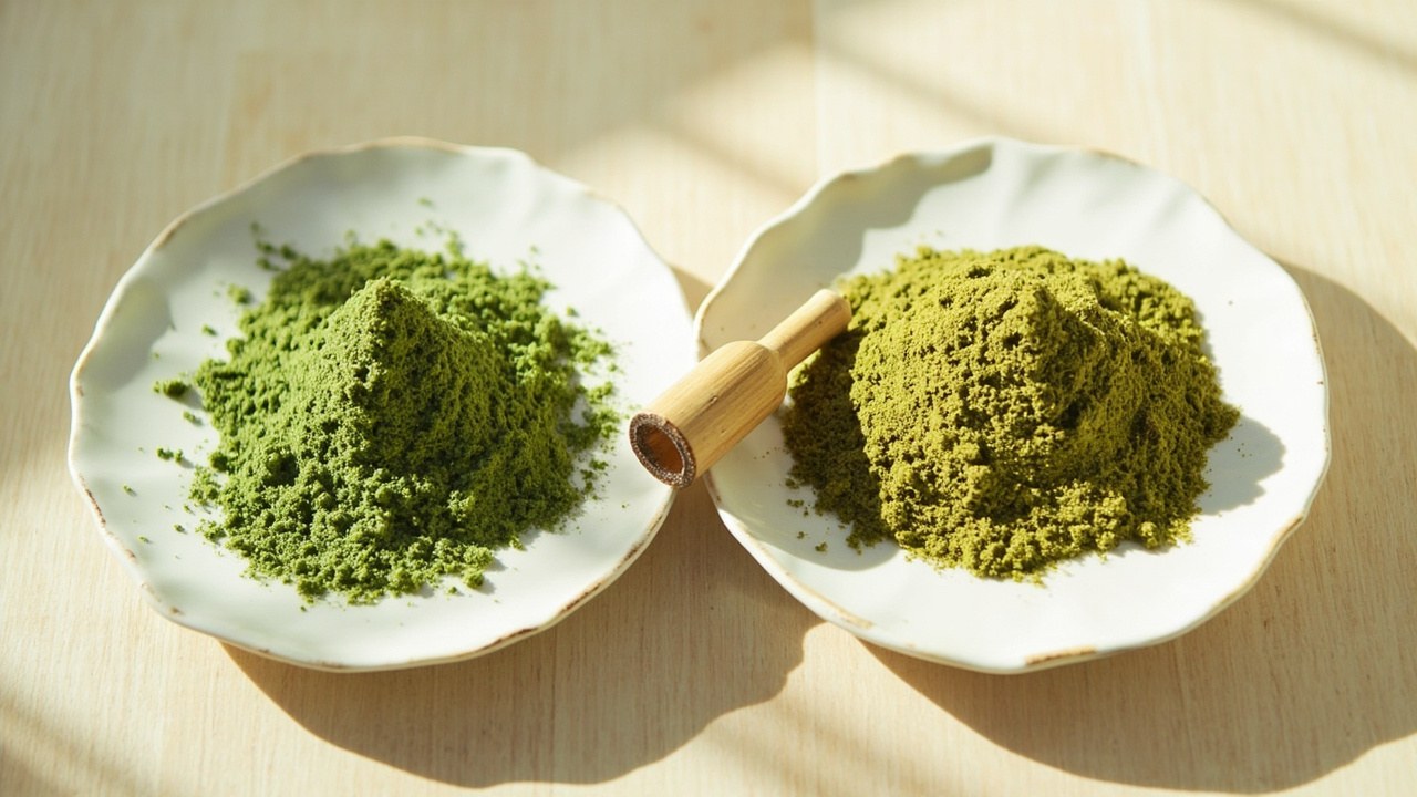 Side-by-side comparison of ceremonial and culinary matcha powders showing color and chemistry difference.