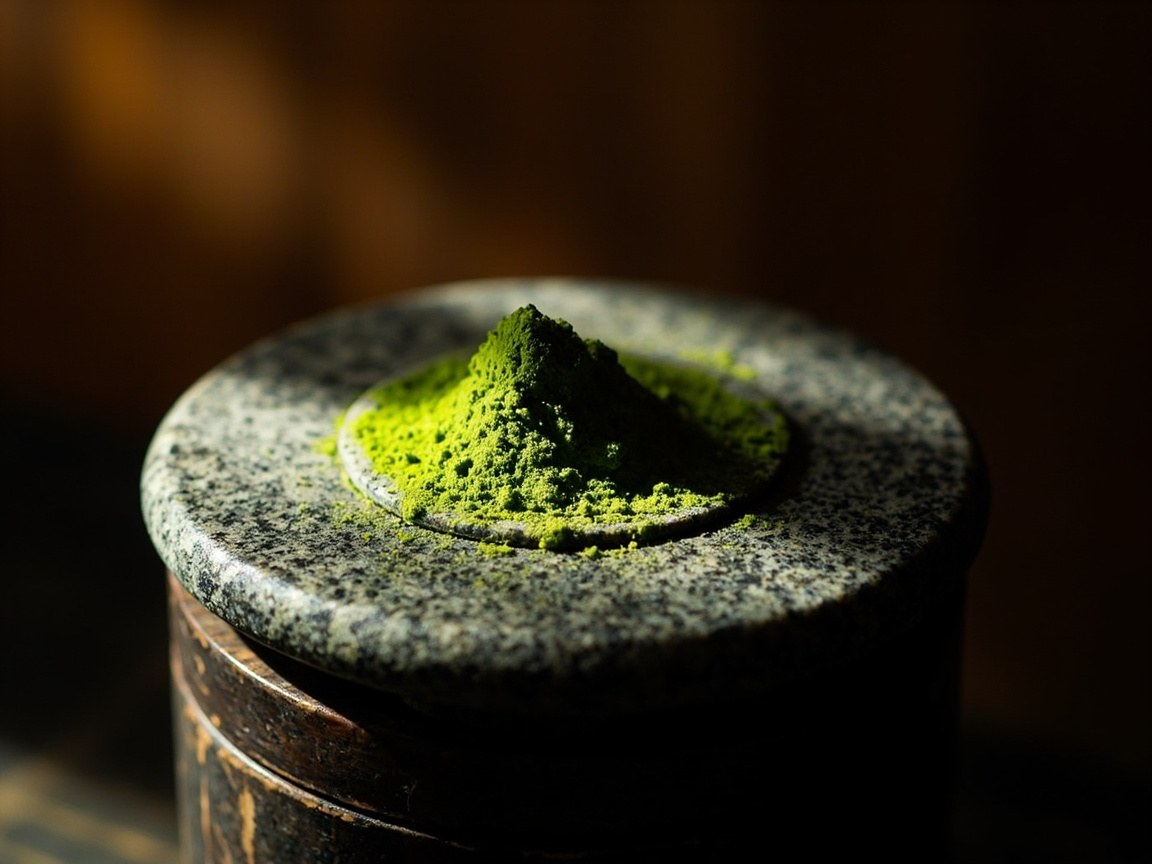 A traditional granite stone mill (ishi-usu) used to slowly grind tencha into matcha powder.
