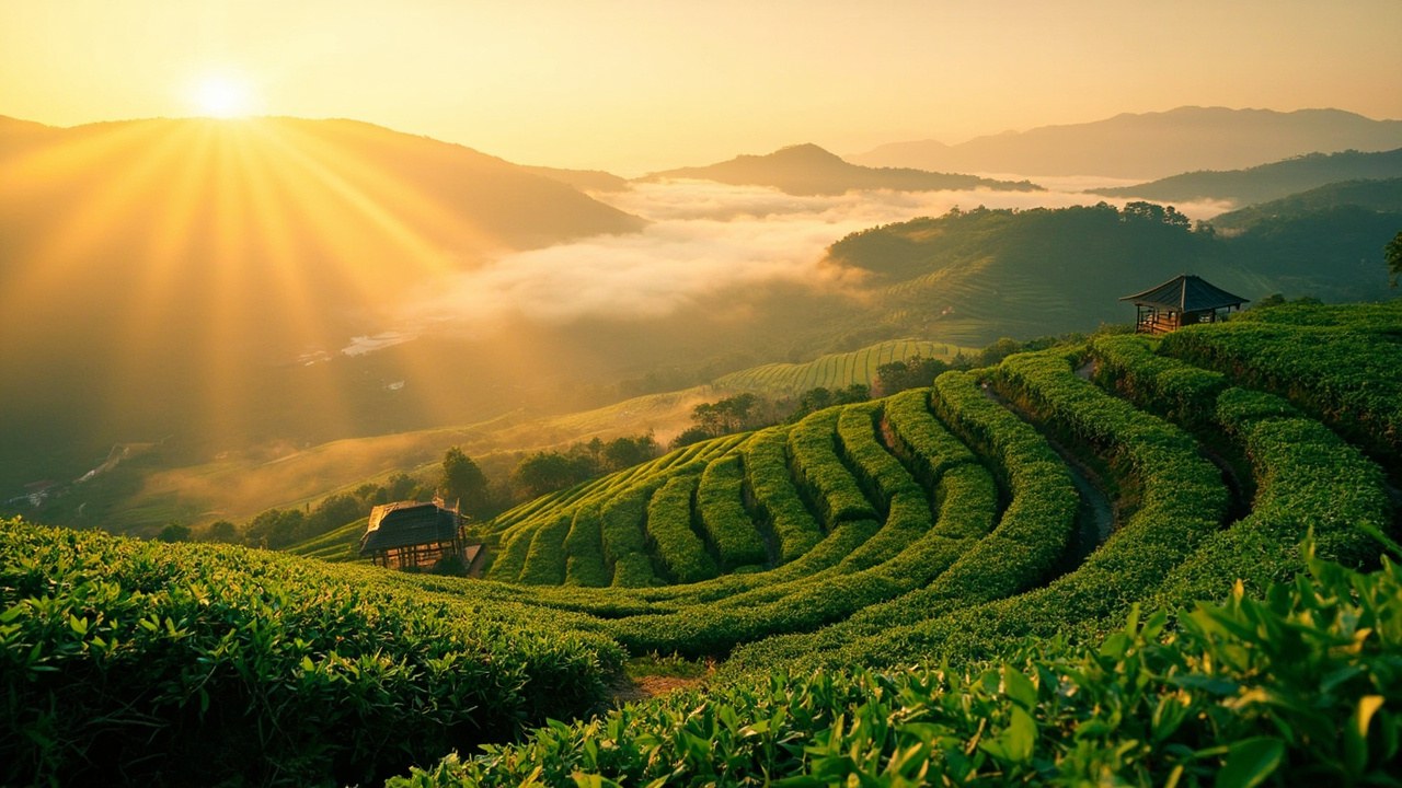 Shade-grown tea fields under traditional netting before harvest.