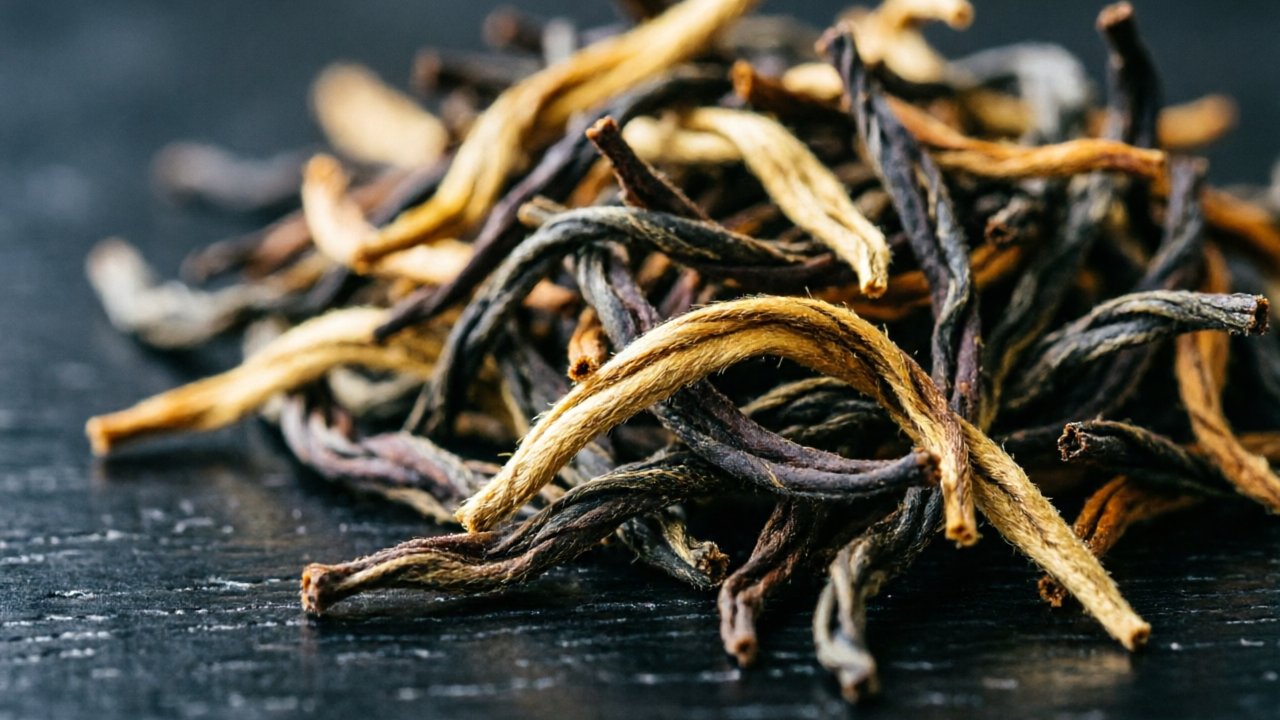 Keemun dry leaf close-up with golden tips
