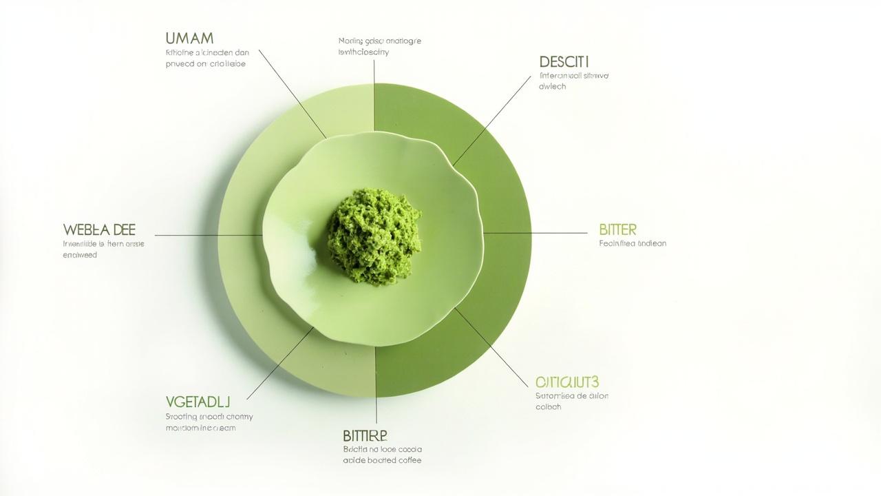 Matcha flavor wheel: umami, vegetal, sweet, bitter, marine notes.