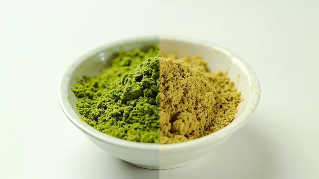 A bowl of fresh green matcha alongside a sealed metal storage tin.
