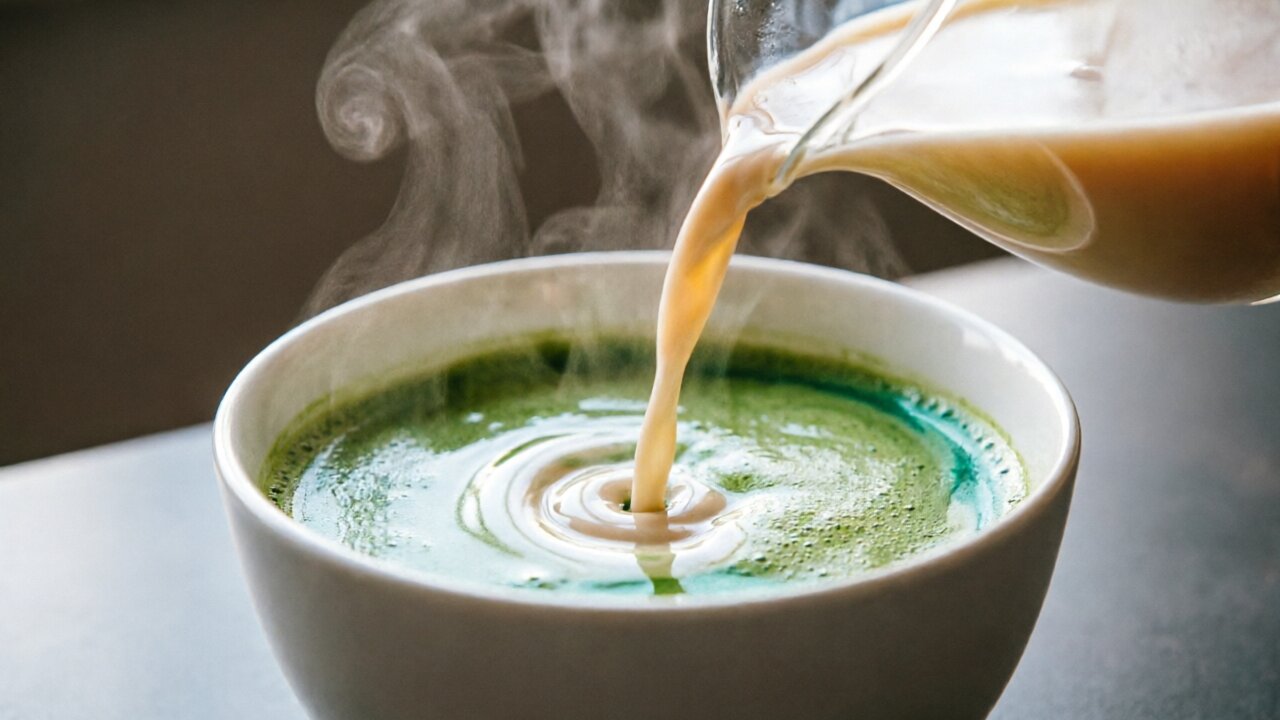 Steamed milk being poured into whisked matcha in a ceramic bowl.