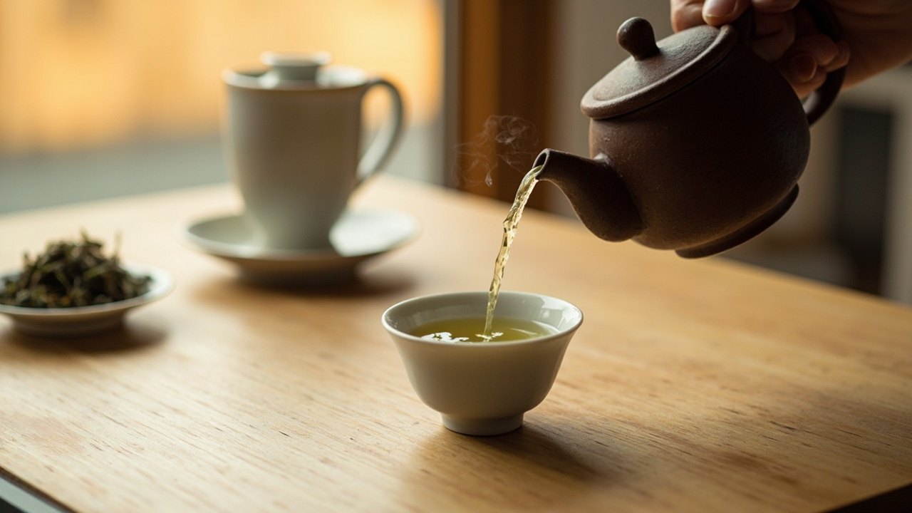 Kyusu pouring sencha into a small yunomi cup