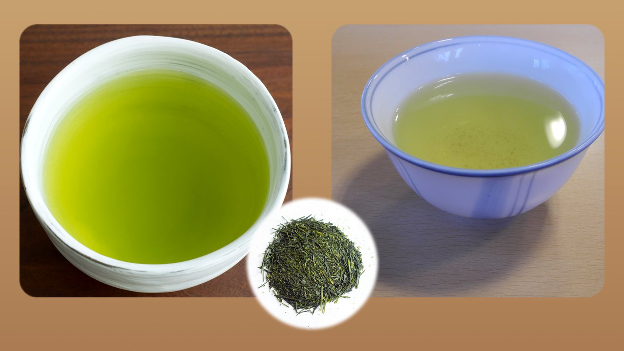 Asamushi sencha liquor next to cloudy fukamushi sencha
