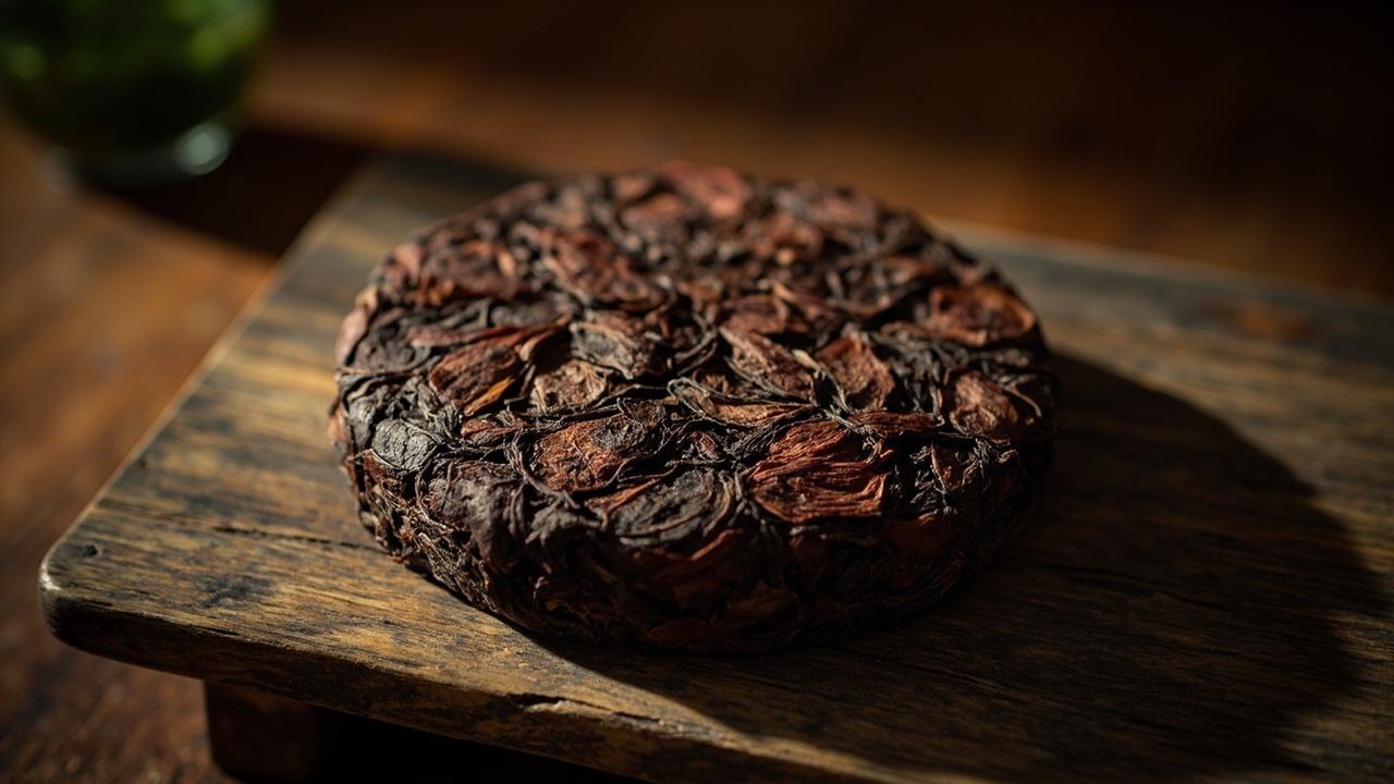 Compressed fermented shou pu-erh tea cake.