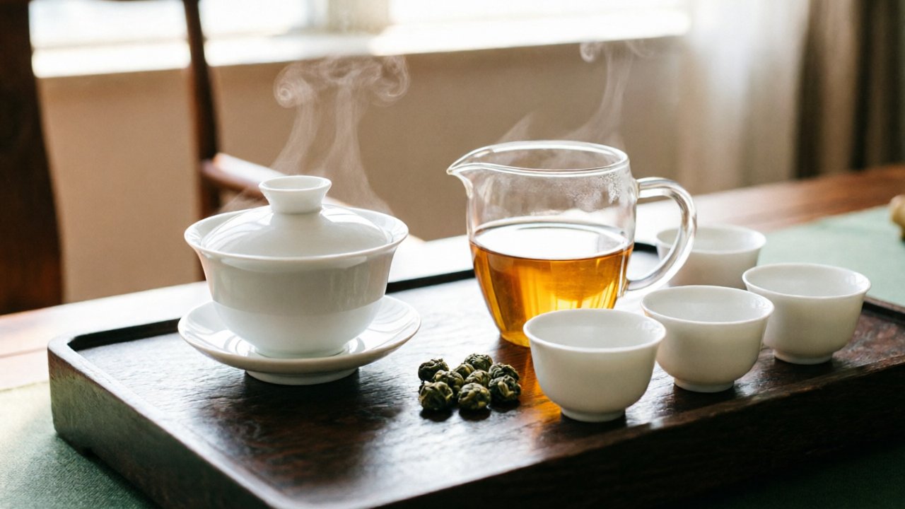 Gongfu session: porcelain gaiwan, pitcher, and cups with Tieguanyin