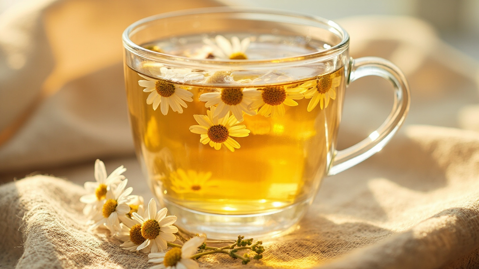 Chamomile tea steeping in a glass mug with dried chamomile flowers nearby