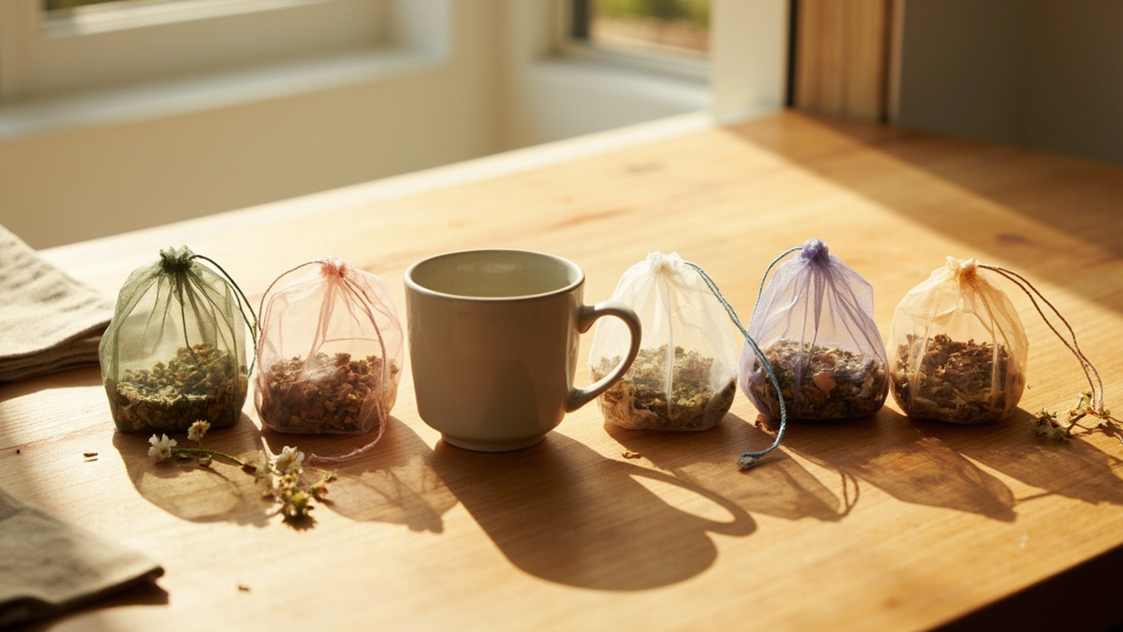 Five opened sleep tea boxes lined up on a kitchen counter with a single mug