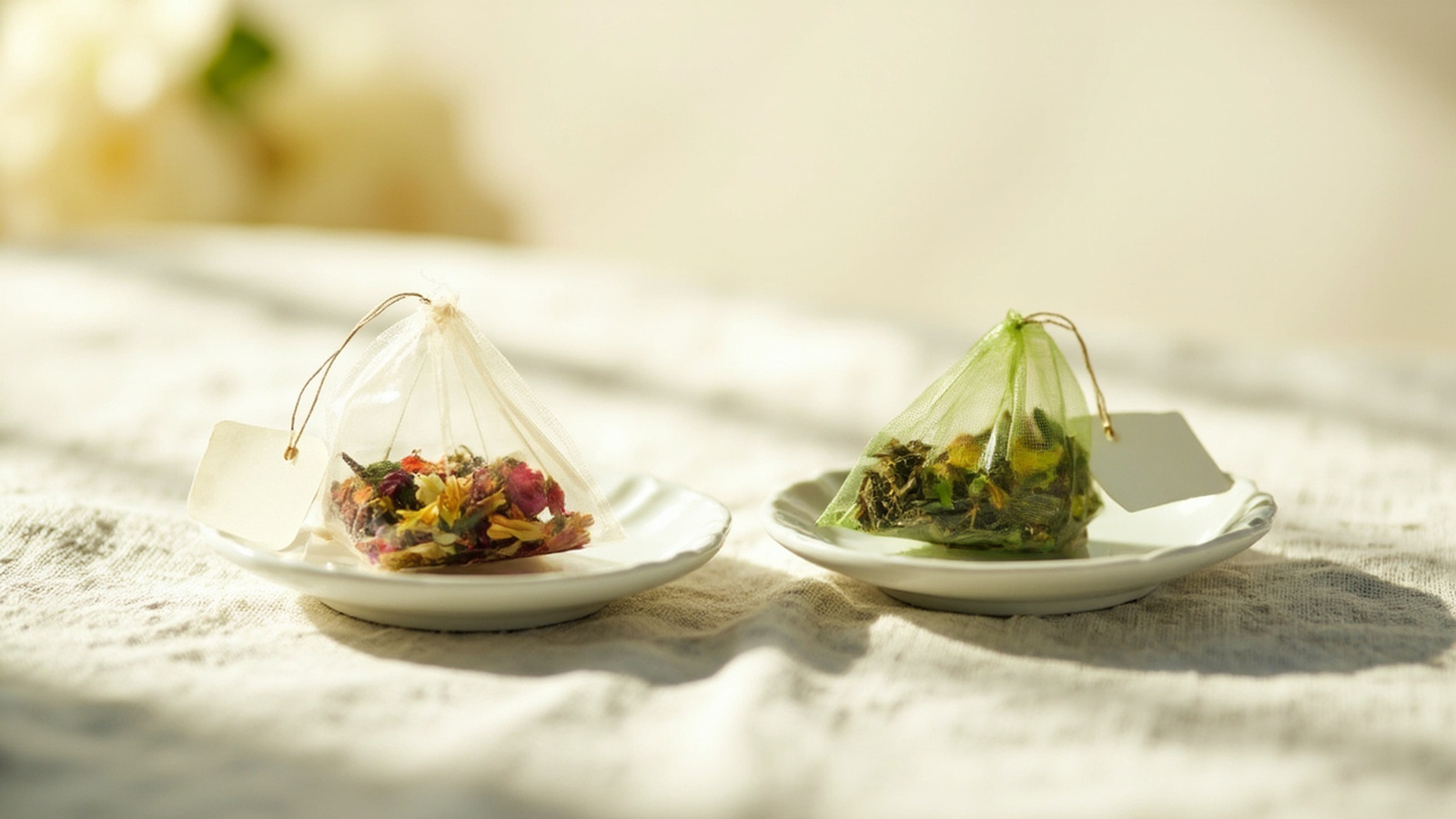 Side-by-side comparison of an herbal tisane bag and a green tea bag on saucers