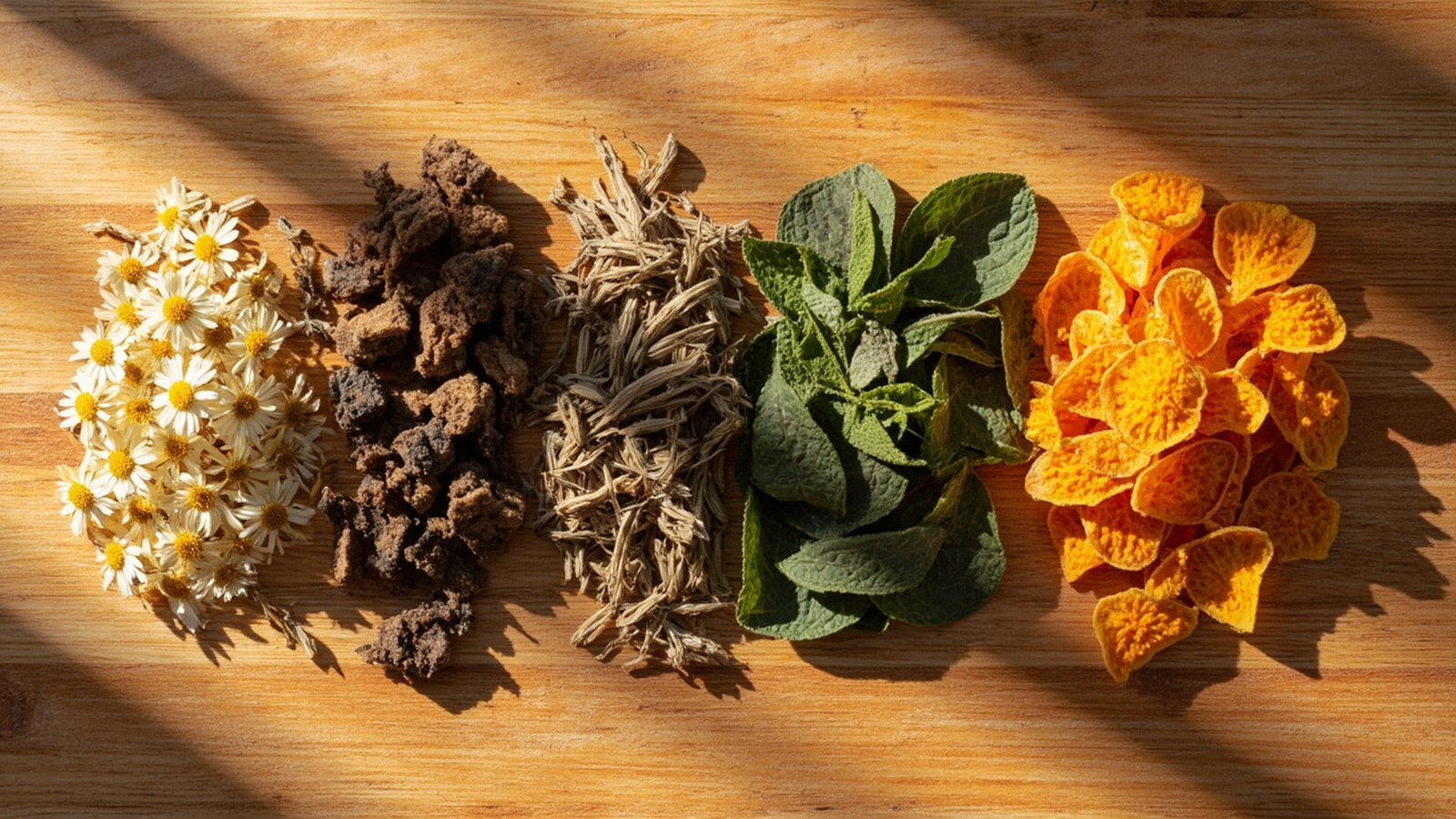 Four small piles of dried herbs labeled floral, root, leaf, and fruit on a wooden table