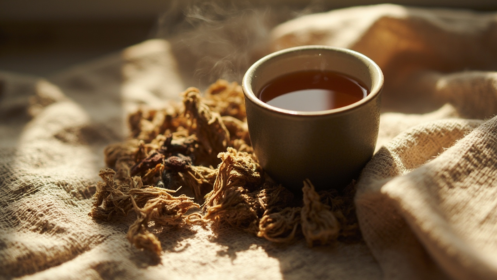 Dried valerian root pieces beside a cup of brewed valerian tea