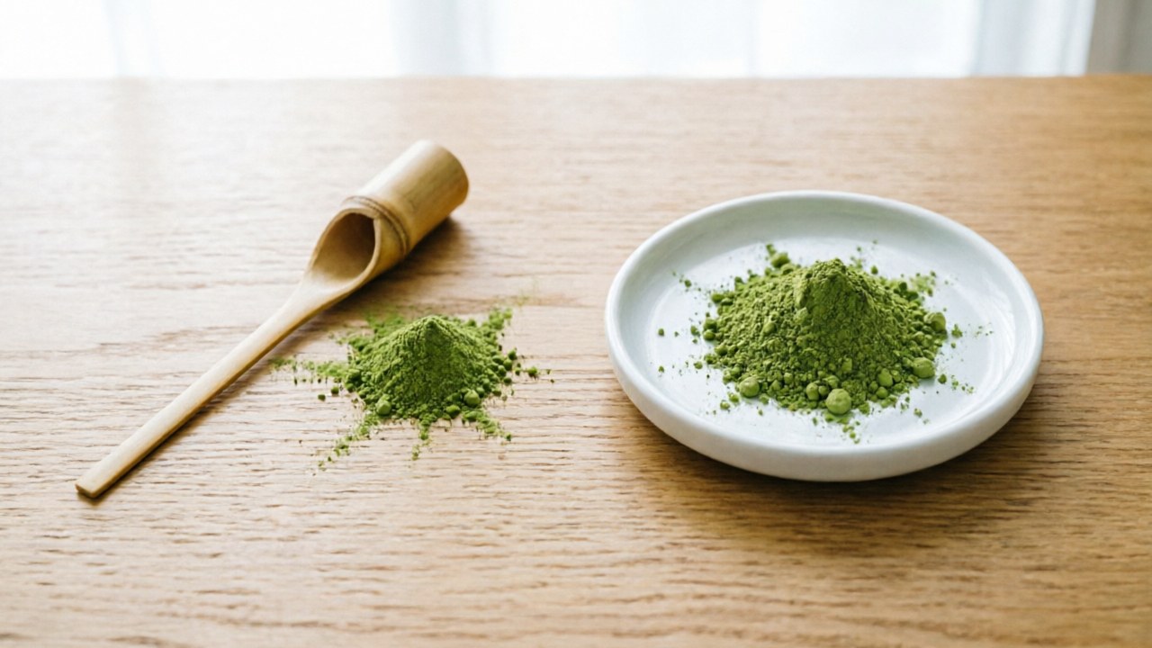 Matcha powder on a digital scale compared with a bamboo scoop