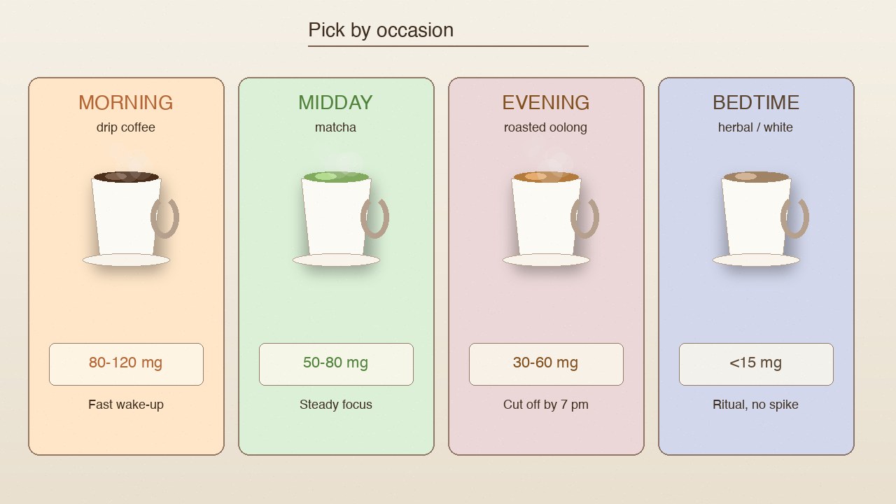 Four cups in a row labeled morning, midday, evening, and bedtime on a wood tray