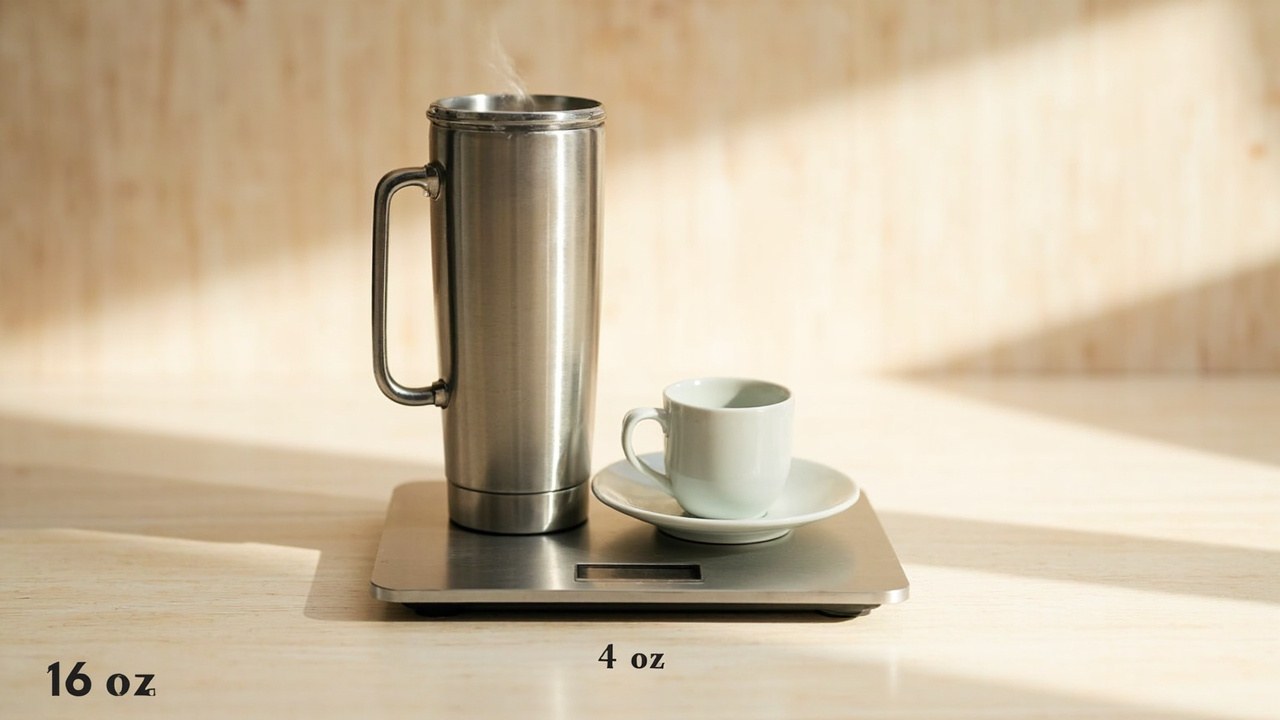 A 16 oz travel mug next to a small teacup on a kitchen scale