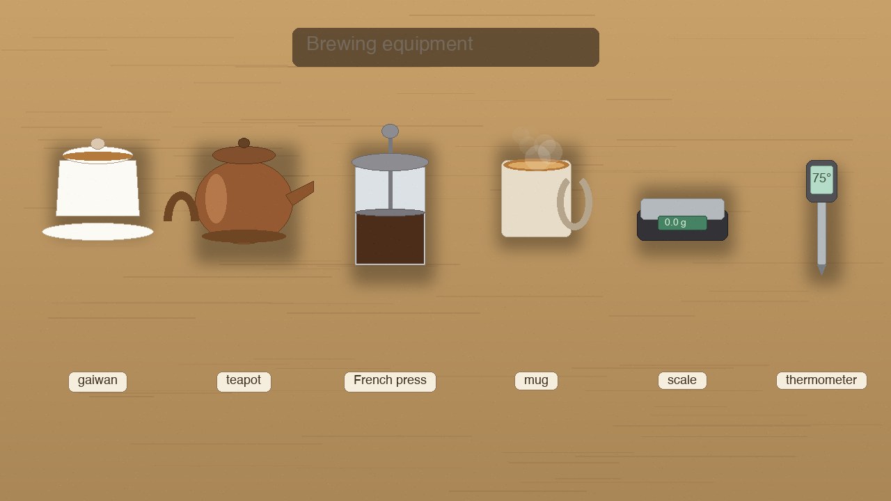 Gear lineup on wood: gaiwan, teapot, French press, mug, scale, thermometer.